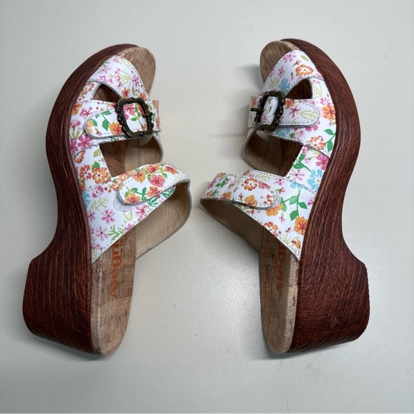 Alegria Women's Floral Leather  platform Wedges - White Pink and Brown Sz 37 - Picture 11 of 11